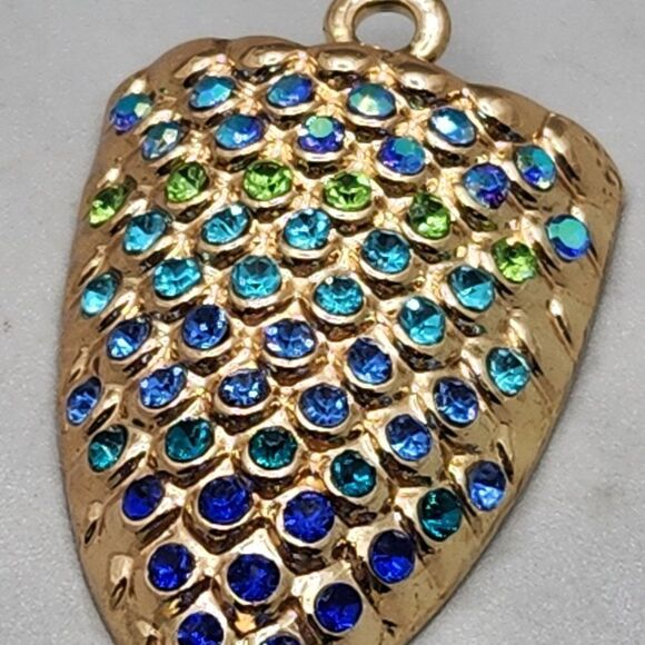 Aqua Blue Mermaid Tail Necklace Pendant Gold Tone Rhinestone - Picture 3 of 5